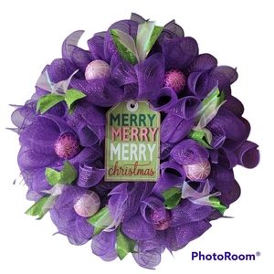 Purple, Pink, and Green Christmas Wreath Door Hanger with Ribbons and Merry Sign